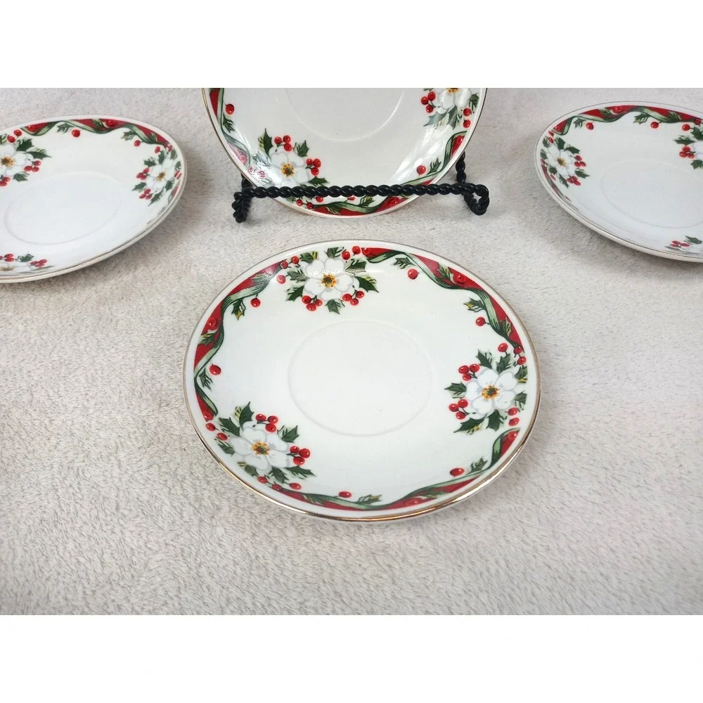 Set of 4 Gibson‎ Christmas Poinsettia & Holly Saucers 5.75